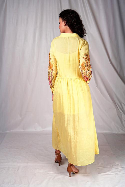 SEESA - Yellow long dress with embroidery details on sleeves
