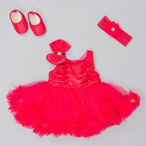 Red & Rani Bow Design Baby Frock