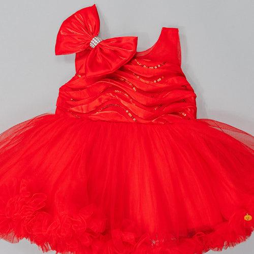 Red & Rani Bow Design Baby Frock