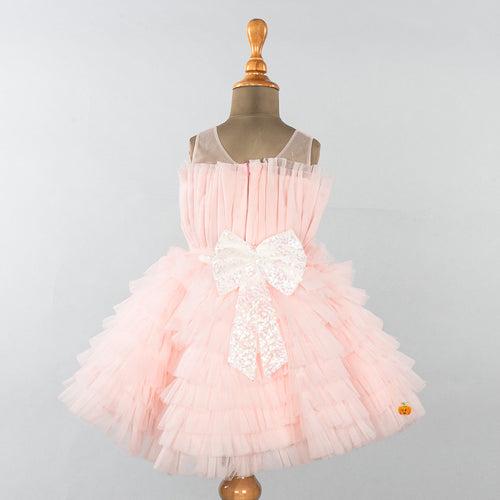 Peach Bow Net Frock for Girls