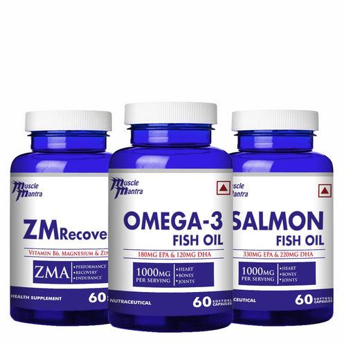 Muscle Mantra ZMA, Omega-3 & Salmon Fish Oil (COMBO) Softgel Capsules