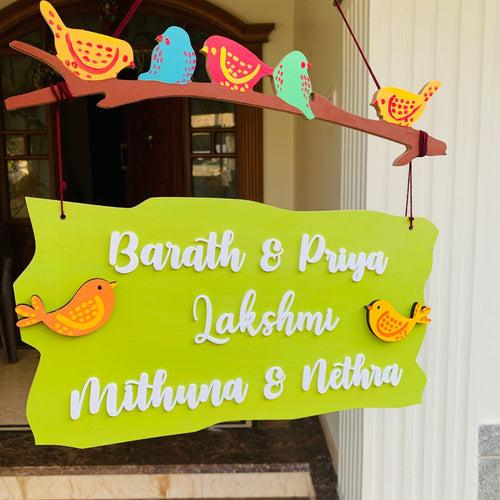 Personalized Sparrow Family Plank Nameplate with 3D Acrylic Letters