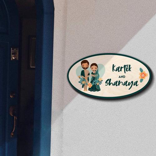 Printed Wooden Oval Character Nameplate For Couples