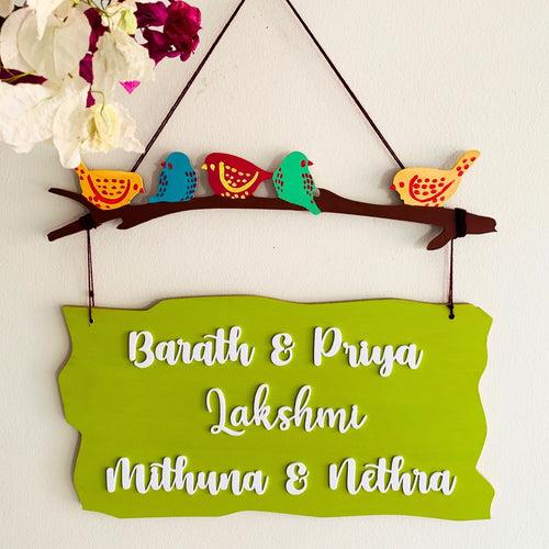 Personalized Sparrow Family Plank Nameplate with 3D Acrylic Letters