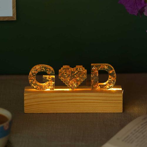 Handmade Resin White & Gold Tabletop Name Plate with Couple Initials & LED Lights