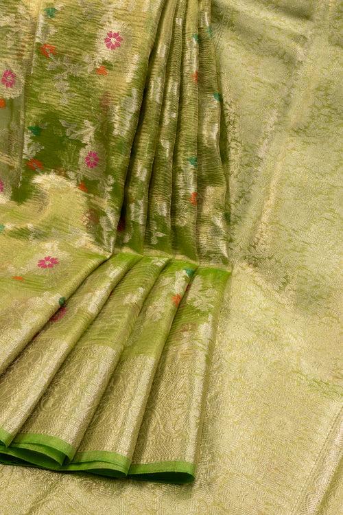 Pear Green Banarasi Crushed Tissue Organza Saree 10069830