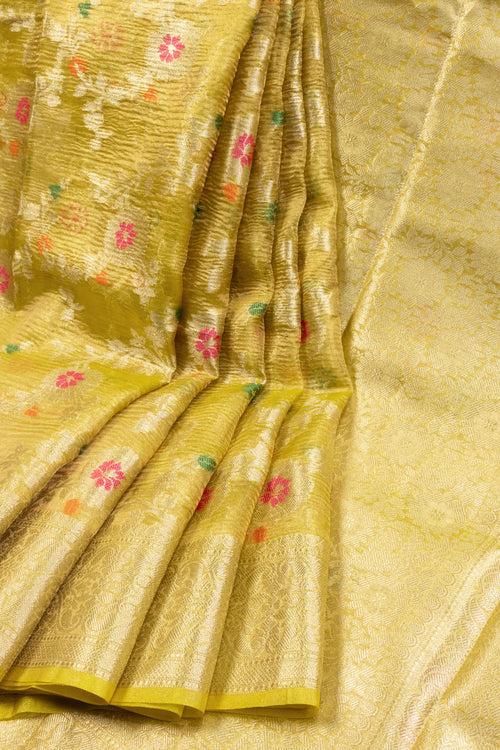 Yellow Banarasi Crushed Tissue Organza Saree 10069831