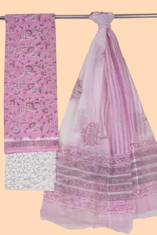 Falmingo Pink 3-Piece Mulmul Cotton Salwar Suit Material With Kota Dupatta 10070093
