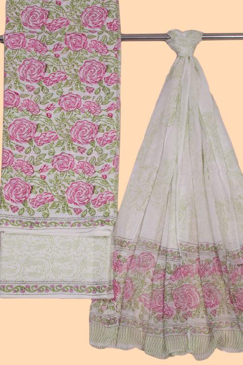 White 3-Piece Cotton Salwar Suit Material With Chiffon Dupatta 10070121