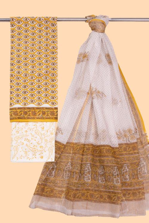 Yellow 3-Piece Mulmul Cotton Salwar Suit Material With Kota Dupatta 10070103