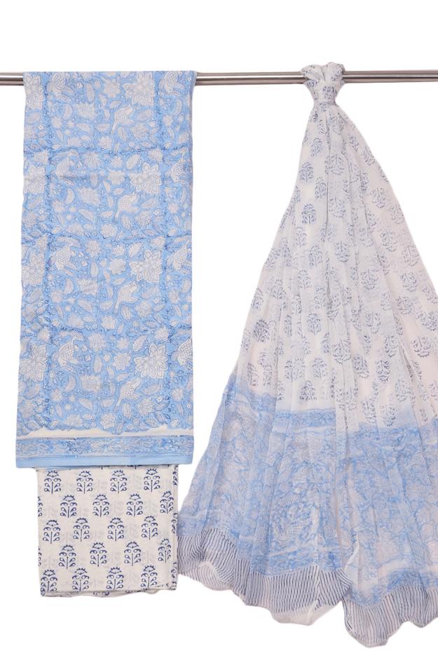 Blue Handblock Printed Cotton with Chiffon Dupatta 3-Piece Salwar Suit Material 10072970