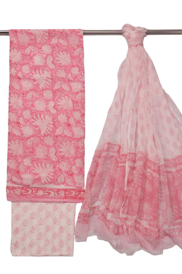 Pink Handblock Printed Cotton with Chiffon Dupatta 3-Piece Salwar Suit Material 10072971