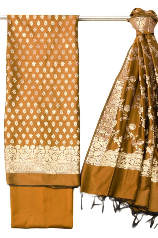 Brown Banarasi Silk 3 Piece Salwar Suit Material 10073032