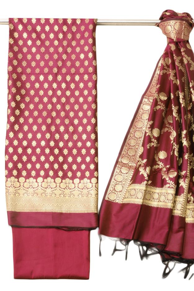 Maroon Banarasi Blended Silk 3 Piece Salwar Suit Material 10073038