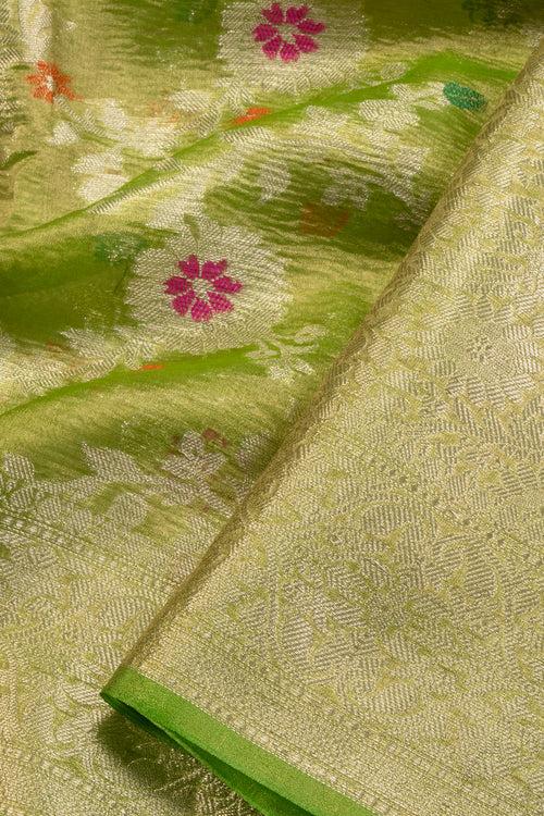 Pear Green Banarasi Crushed Tissue Organza Saree 10069830