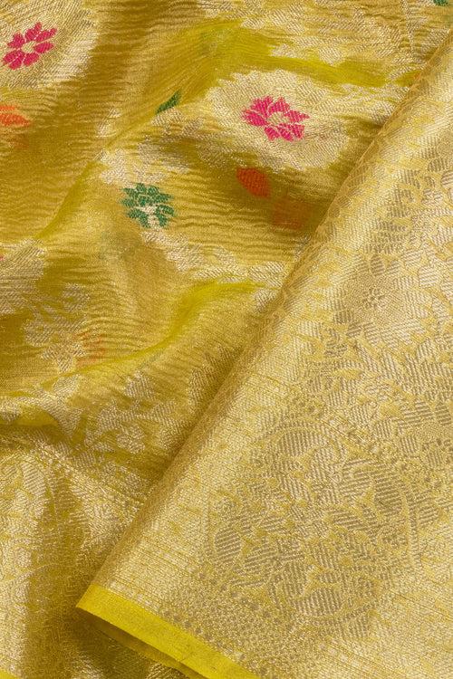 Yellow Banarasi Crushed Tissue Organza Saree 10069831