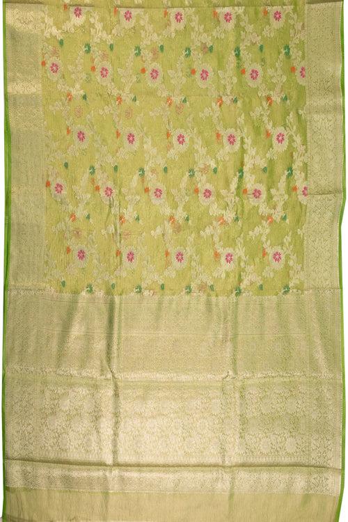 Pear Green Banarasi Crushed Tissue Organza Saree 10069830