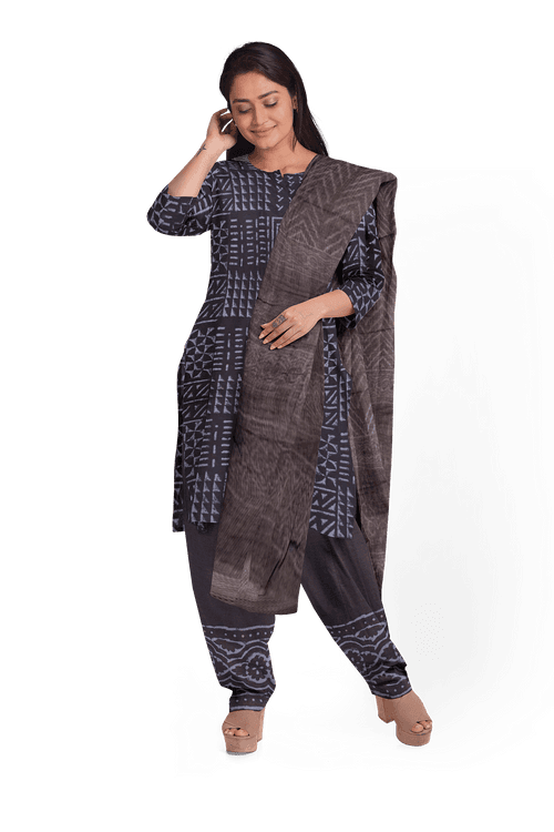 Black 3-Piece Mulmul Cotton Salwar Suit Material With Kota Dupatta 10070095