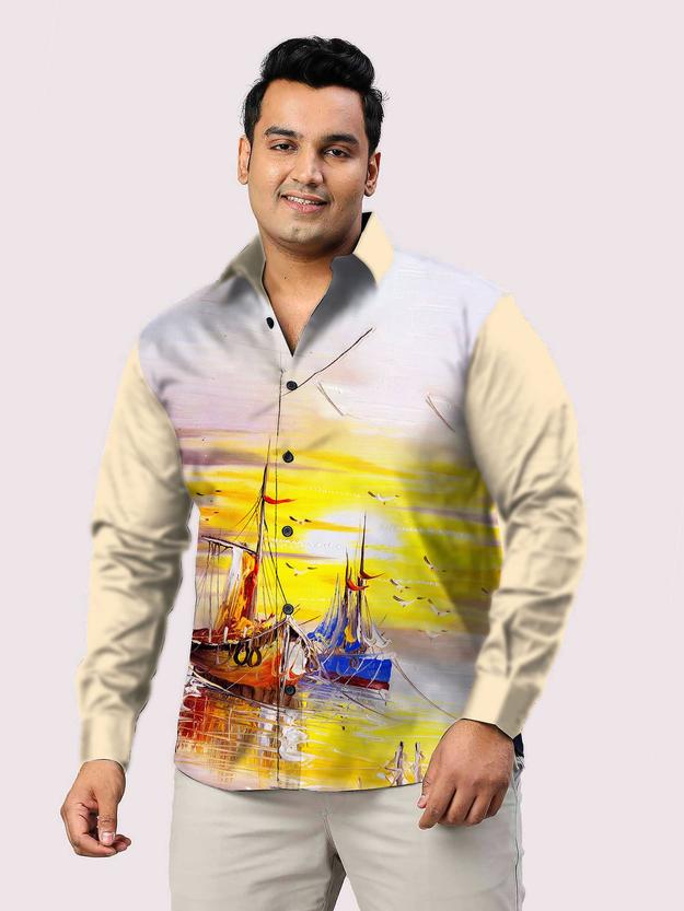 Sailing Ship Printed Party Wear Shirts Men's Plus Size