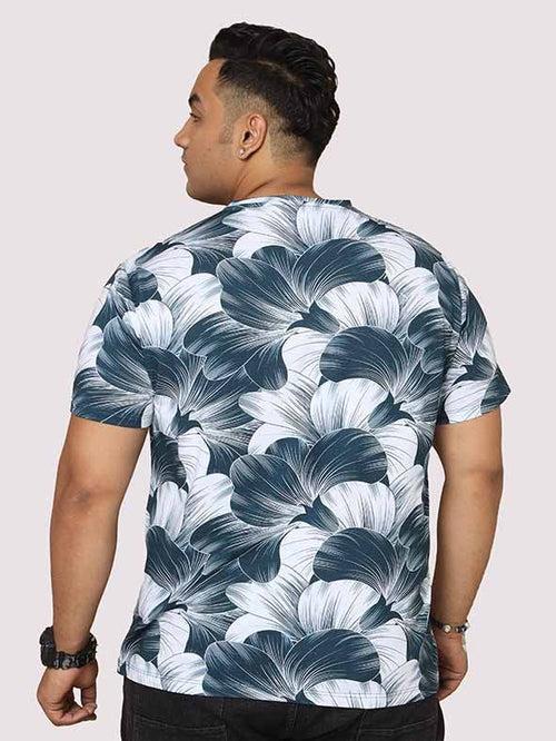 Men Plus Size Big Grey Flower Digital Printed Round Neck T-Shirt