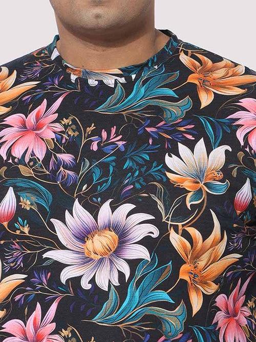 Men Plus Size Blue Floral Digital Printed Round Neck T-Shirt