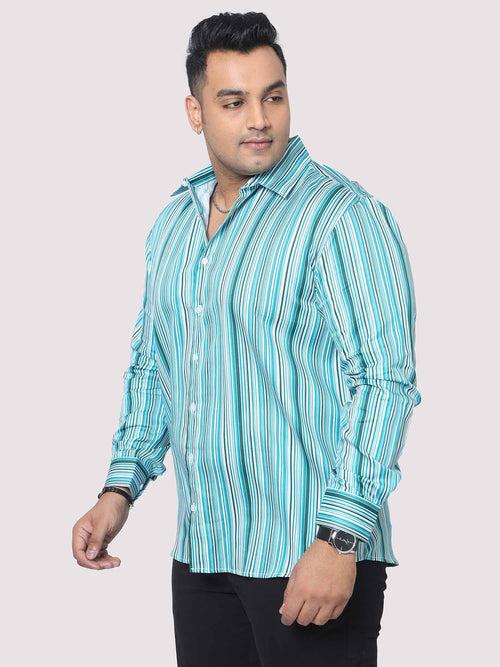 Men Plus Size Cyan Blue Striped Digital Printed Full Shirt