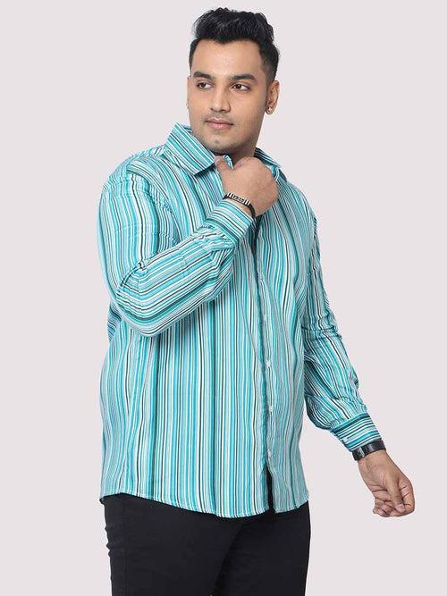 Men Plus Size Cyan Blue Striped Digital Printed Full Shirt