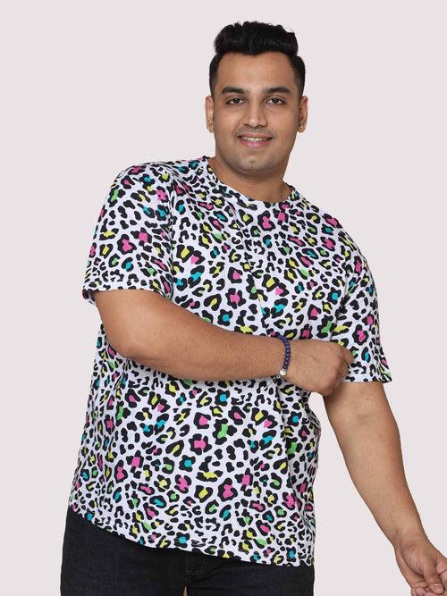 Men Plus Size Leopard Skin Pattern Digital Printed Round Neck T-Shirt