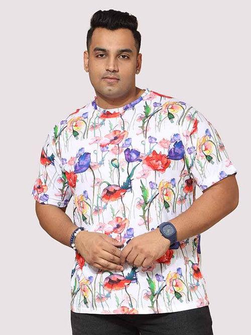 Men Plus Size Watercolour Flower Digital Printed Round Neck T-Shirt
