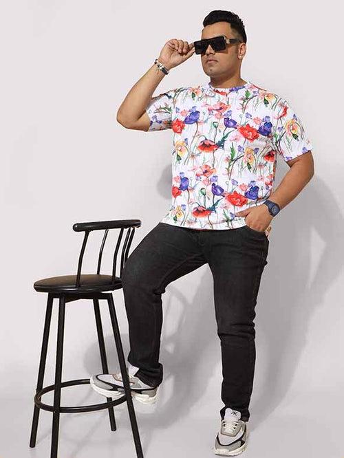 Men Plus Size Watercolour Flower Digital Printed Round Neck T-Shirt