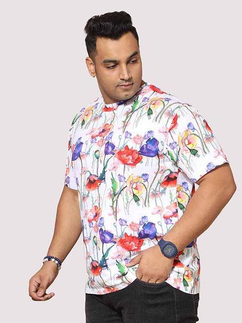 Men Plus Size Watercolour Flower Digital Printed Round Neck T-Shirt