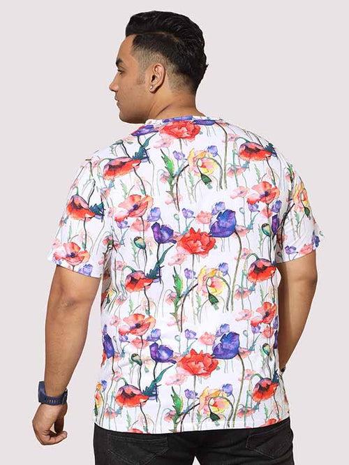 Men Plus Size Watercolour Flower Digital Printed Round Neck T-Shirt