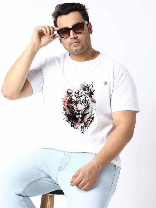 Men Plus Size WhIte Tiger Head Printed Round Neck T-Shirt