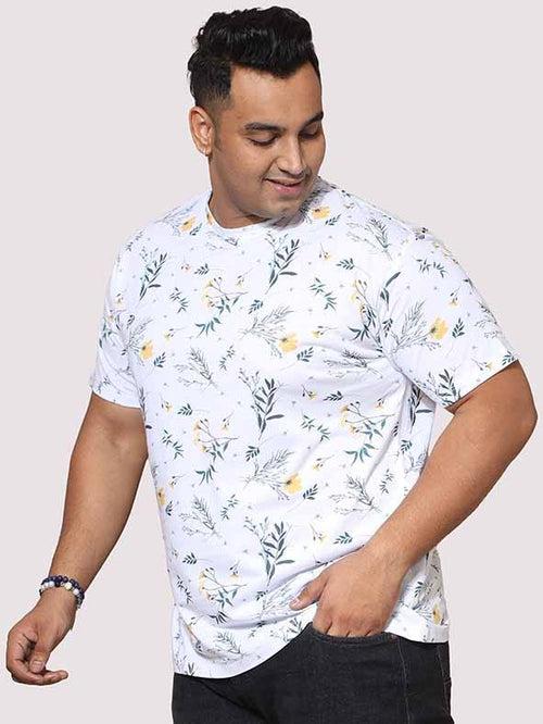 Men Plus Size Yellow Flower Digital Printed Round Neck T-Shirt