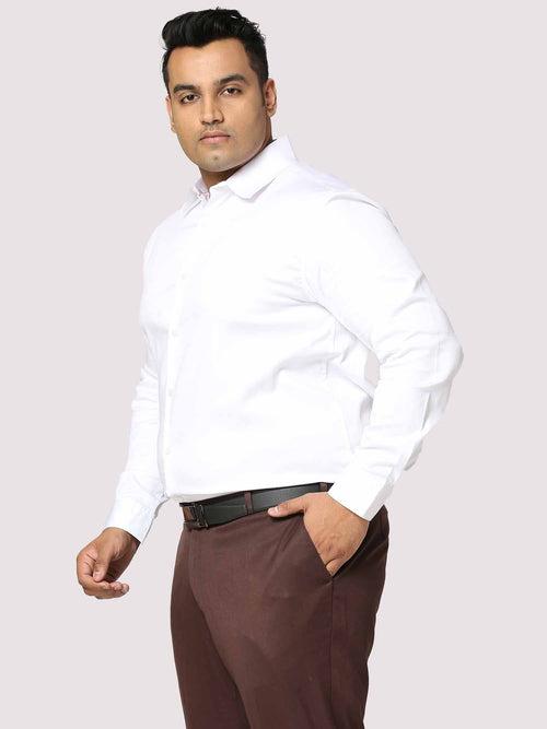 White Solid Stretchable Cotton Shirt Men's Plus Size