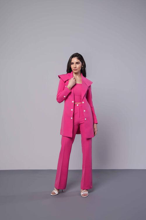 Hot Pink Trench Coat with Crop Top and Pants