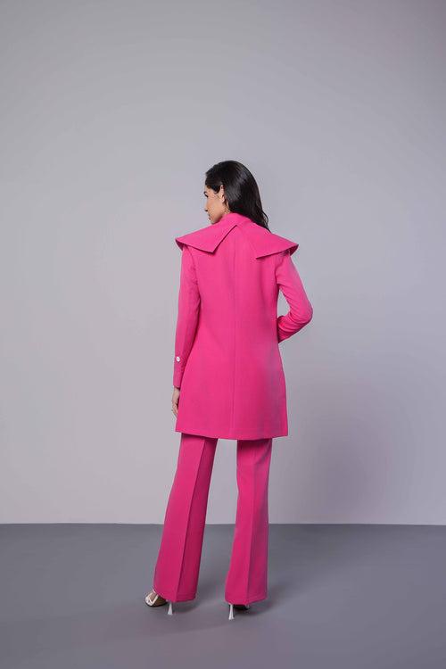 Hot Pink Trench Coat with Crop Top and Pants