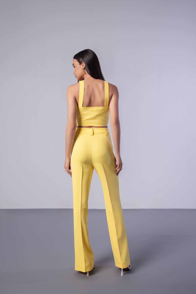 Yellow Trench Coat (Sleeveless) with Crop Top and Pants