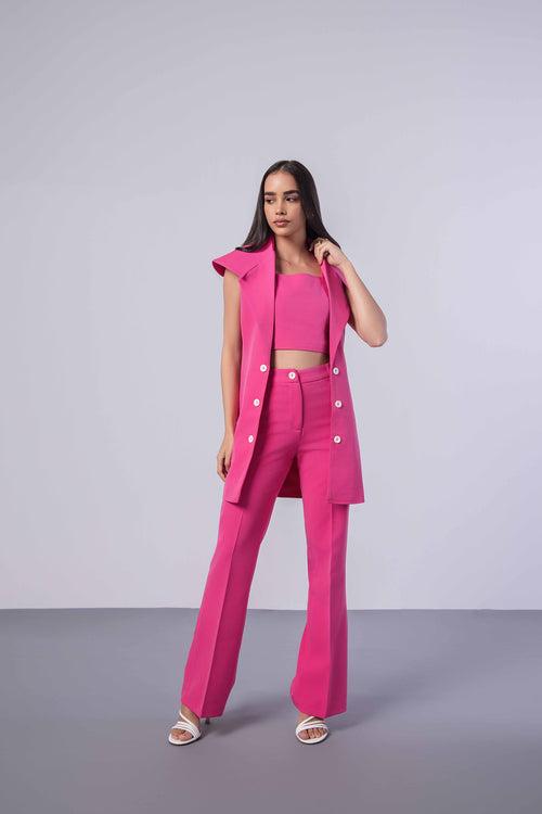 Hot Pink Trench Coat (Sleeveless) with Crop Top and Pants