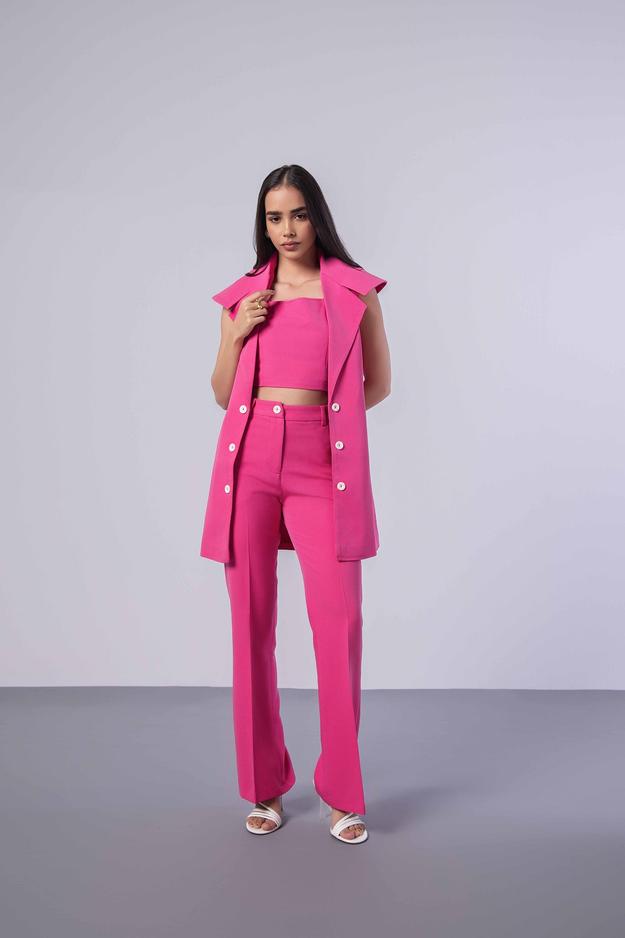 Hot Pink Trench Coat (Sleeveless) with Crop Top and Pants