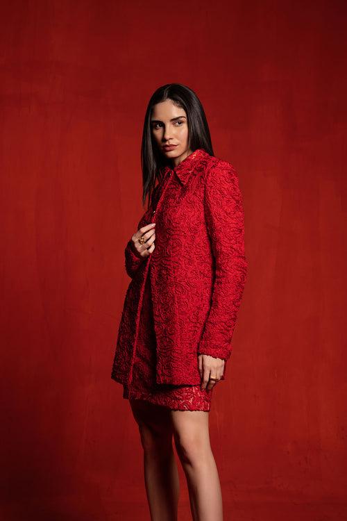 Red Textured Overlap Blazer with Skirt