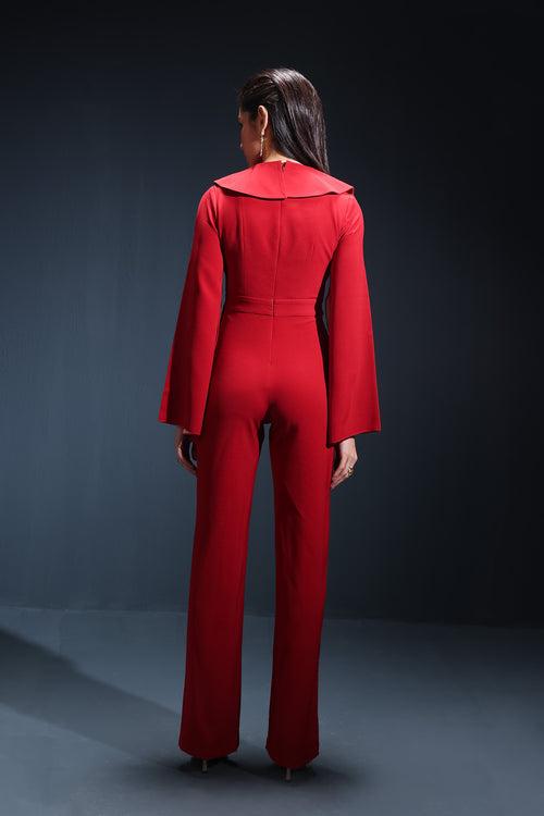 Chilli Red Cape Embroidered Jumpsuit