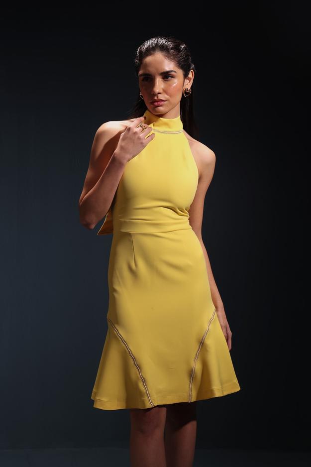 Yellow Halter Embroidered Dress