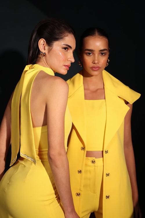 Yellow Trench Coat (sleeveless) with Crop Top and Pants