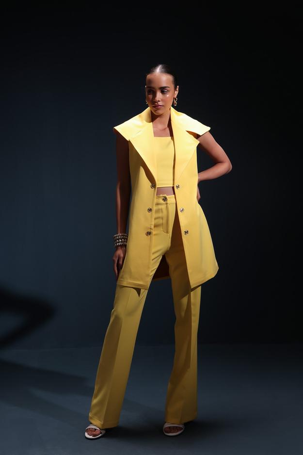 Yellow Trench Coat (sleeveless) with Crop Top and Pants