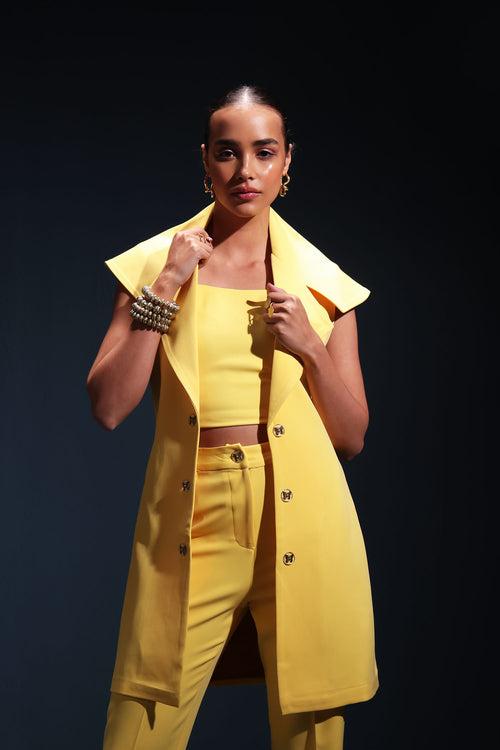 Yellow Trench Coat (sleeveless) with Crop Top and Pants