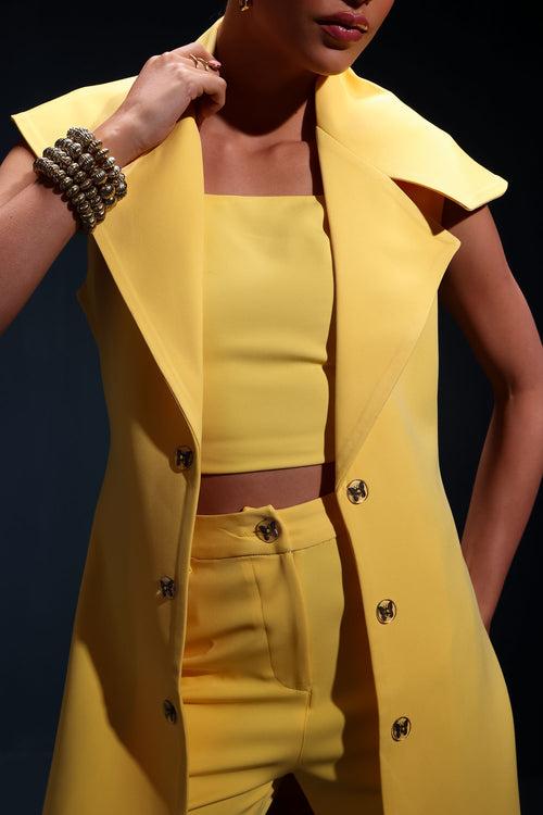 Yellow Trench Coat (sleeveless) with Crop Top and Pants