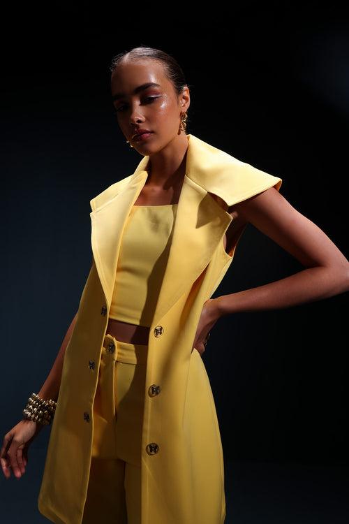 Yellow Trench Coat (sleeveless) with Crop Top and Pants