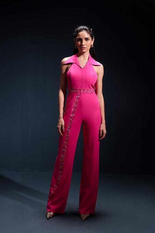 Hot Pink Halter Embroidered Jumpsuit