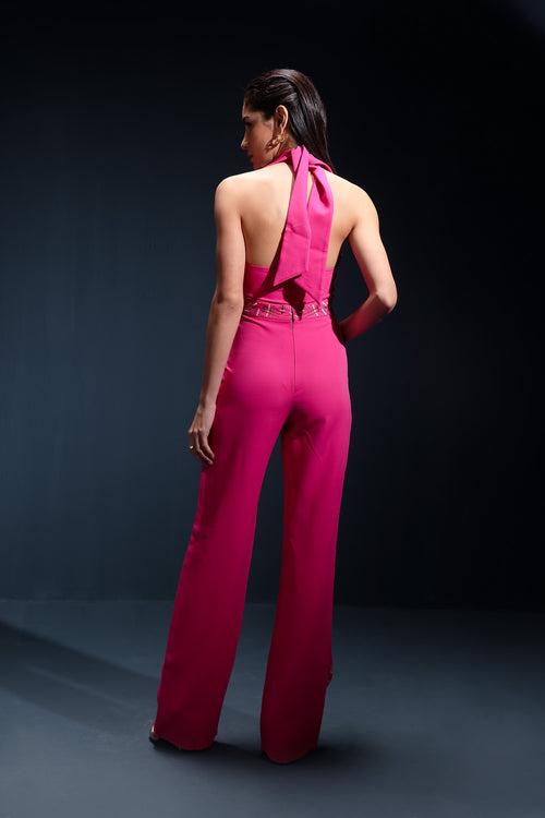 Hot Pink Halter Embroidered Jumpsuit